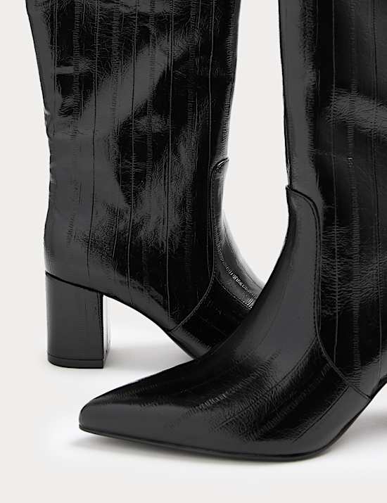 Eel Print Block Heel Knee High Boots