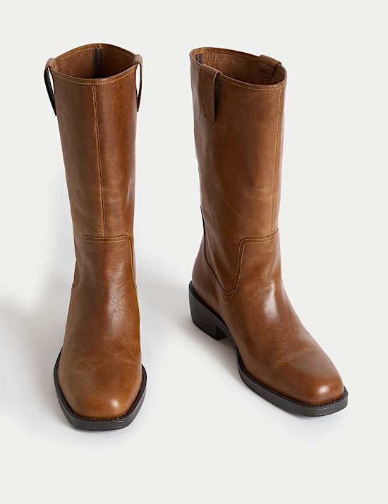 Leather Pull On Mid Calf Boots
