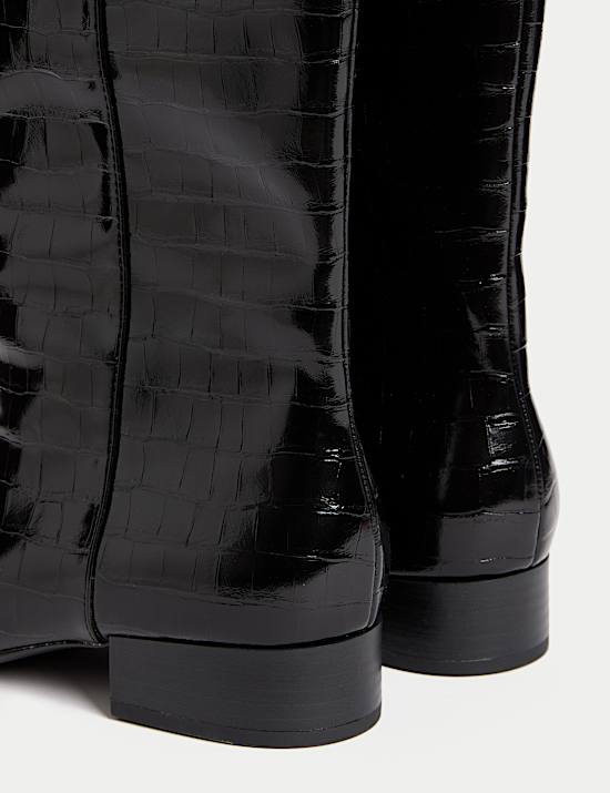 Patent Croc Block Heel Knee High Boots