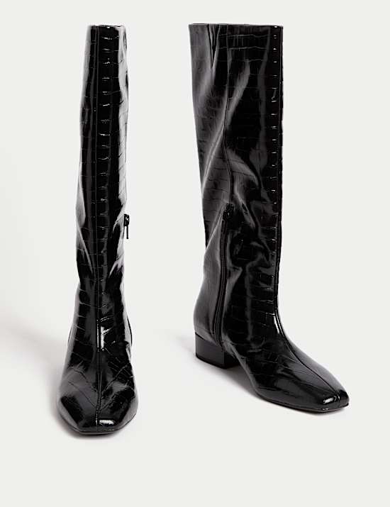 Patent Croc Block Heel Knee High Boots