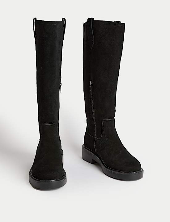 Suede Chunky Pull On Knee High Boots