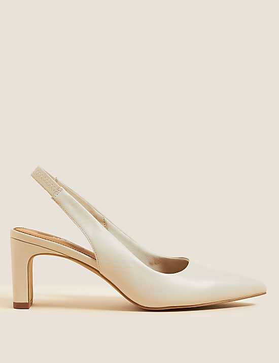 Leather Block Heel Pointed Slingback Shoes