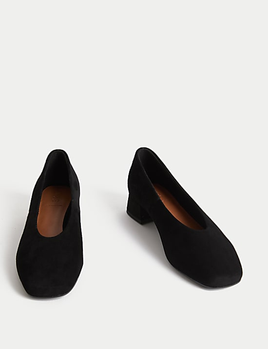 Suede Block Heel Square Toe Court Shoes