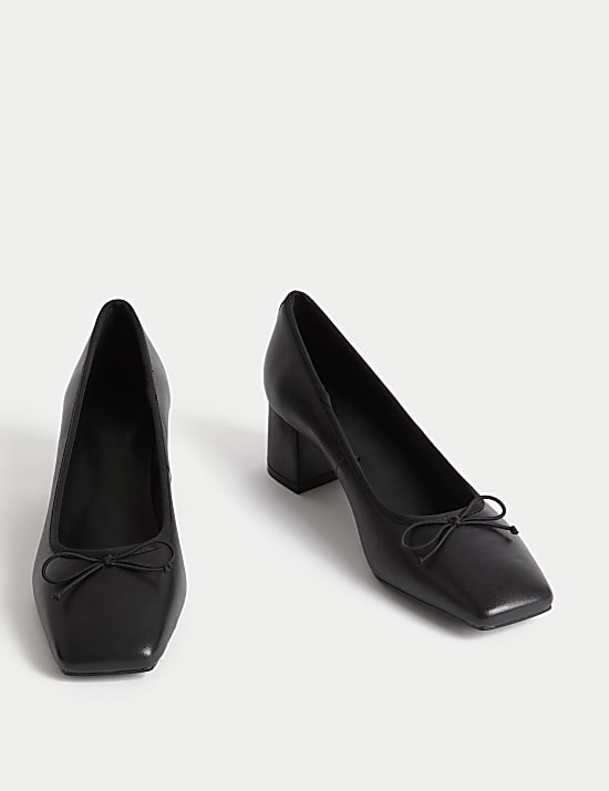 Leather Block Heel Court Shoes