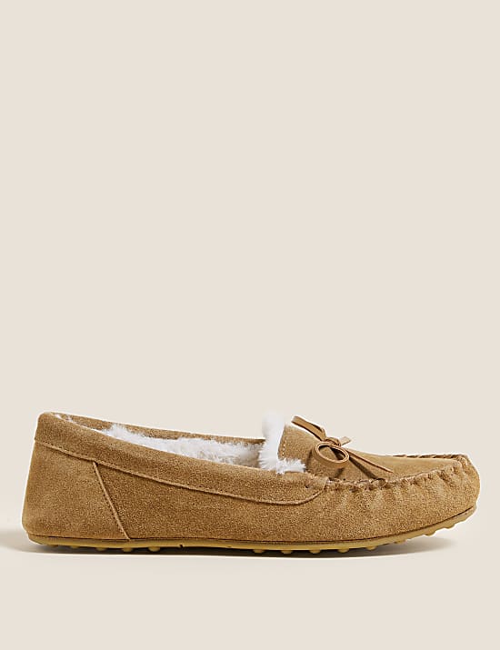 Suede Bow Faux Fur Lined Moccasin Slippers
