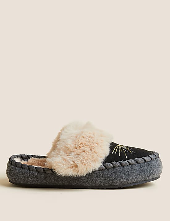 Suede Embroidered Mule Slippers