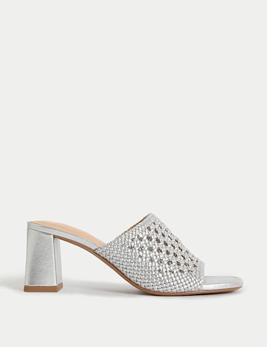Woven Block Heel Open Toe Mules