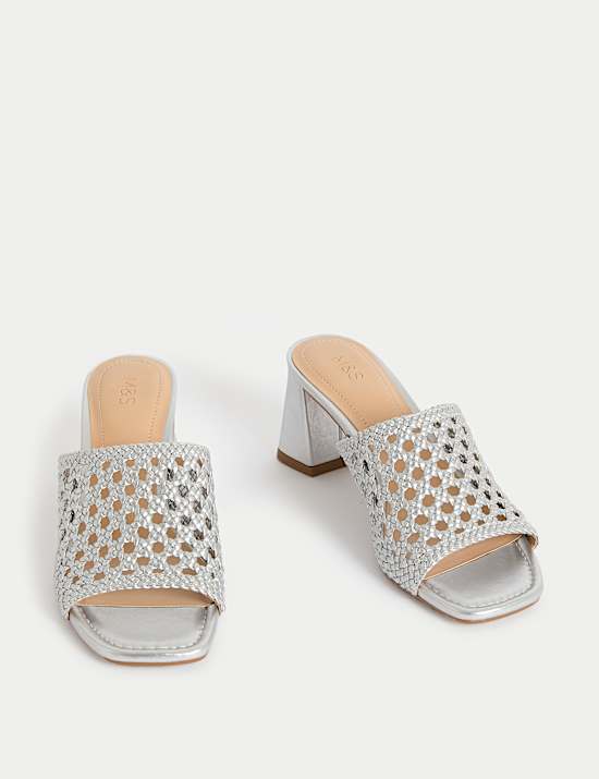 Mules tiss&eacute;es &agrave; talons carr&eacute;s et bout ouvert