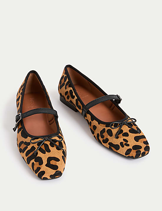 Leather Leopard Print Chisel Toe Ballet Pumps