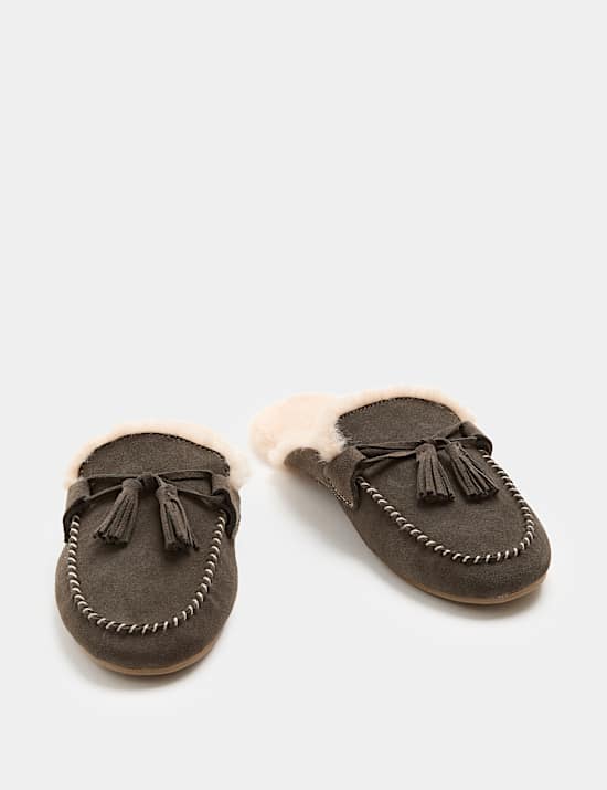 Chaussons style mocassins en daim ouverts &agrave; l&rsquo;arri&egrave;re avec doublure en fausse fourrure