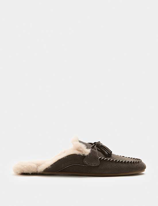 Chaussons style mocassins en daim ouverts &agrave; l&rsquo;arri&egrave;re avec doublure en fausse fourrure