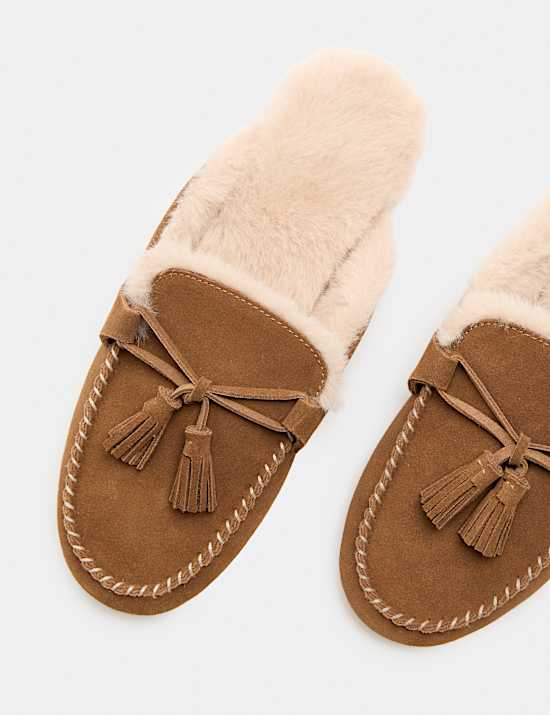 Chaussons style mocassins en daim ouverts &agrave; l&rsquo;arri&egrave;re avec doublure en fausse fourrure