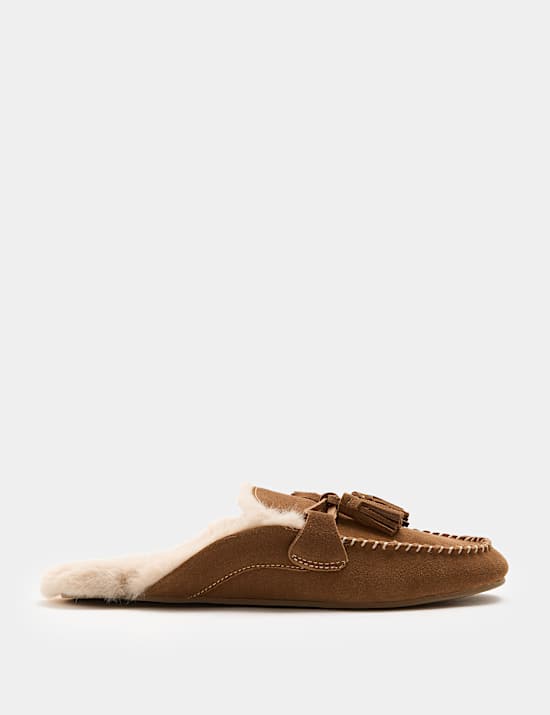 Chaussons style mocassins en daim ouverts &agrave; l&rsquo;arri&egrave;re avec doublure en fausse fourrure