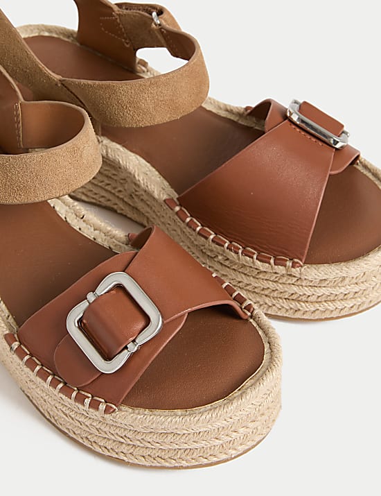 Leather Buckle Flatform Espadrilles