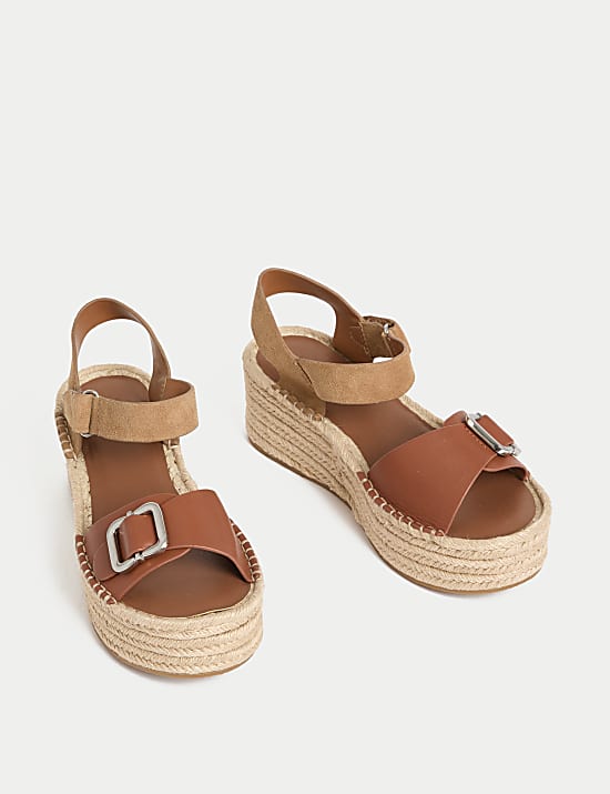 Leather Buckle Flatform Espadrilles