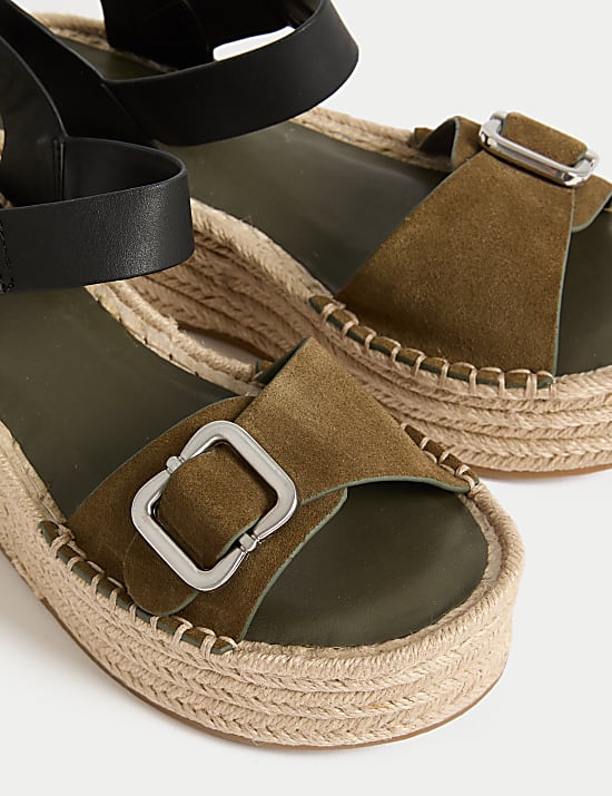 Leather Buckle Flatform Espadrilles
