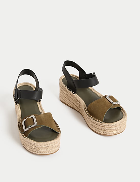 Leather Buckle Flatform Espadrilles
