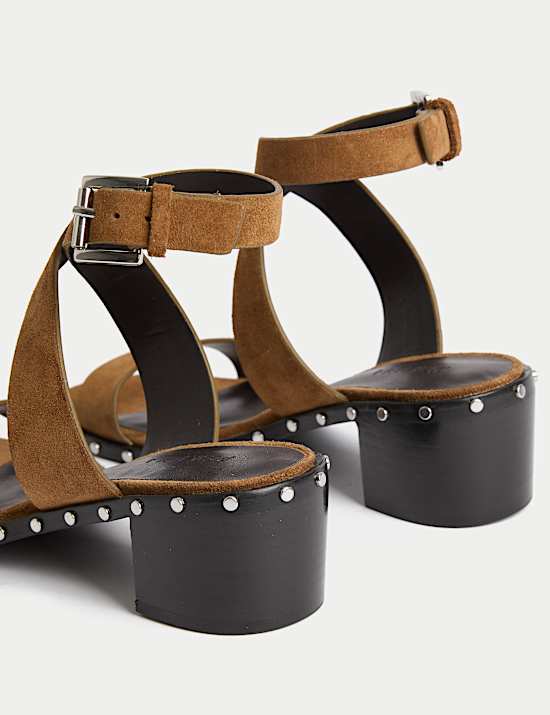 Suede Studded Ankle Strap Block Heel Sandals