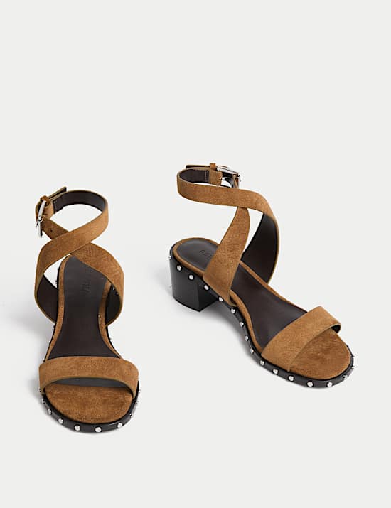 Suede Studded Ankle Strap Block Heel Sandals