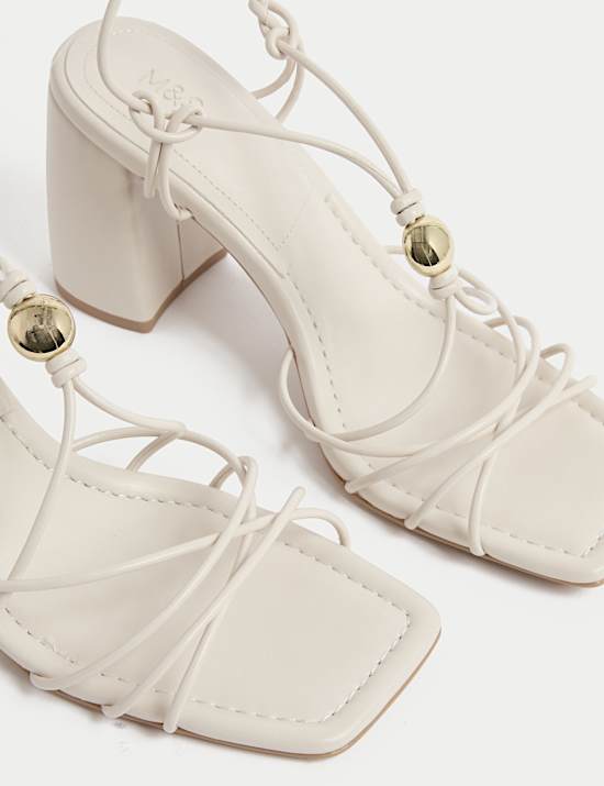 Beaded Trim Buckle Strappy Block Heel Sandals