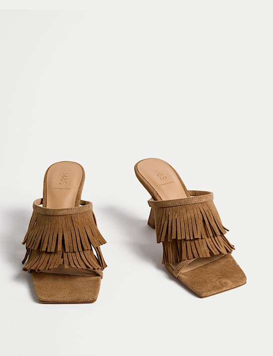 Suede Fringed Slip On Stiletto Heel Mules