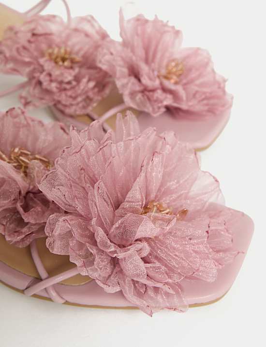 Organza Flower Corsage Block Heel Sandals