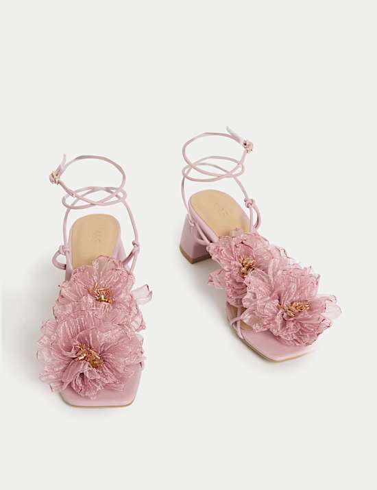Organza Flower Corsage Block Heel Sandals