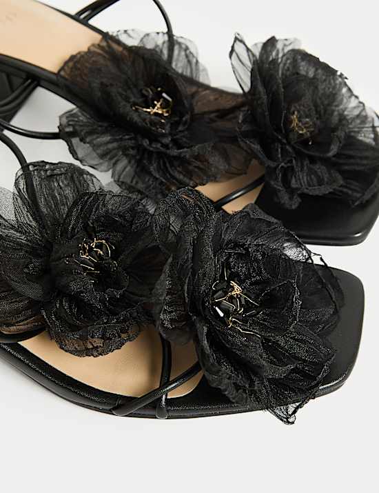 Organza Flower Corsage Block Heel Sandals