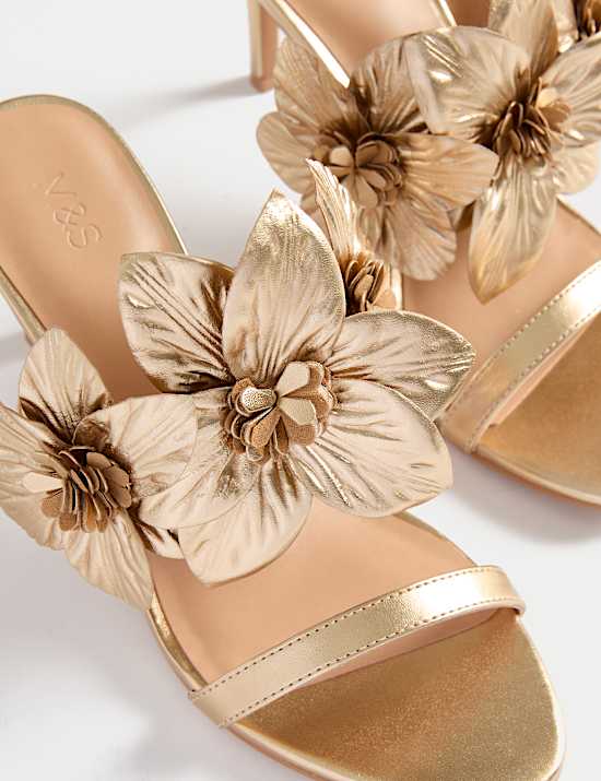 Metallic Flower Corsage Stiletto Mules