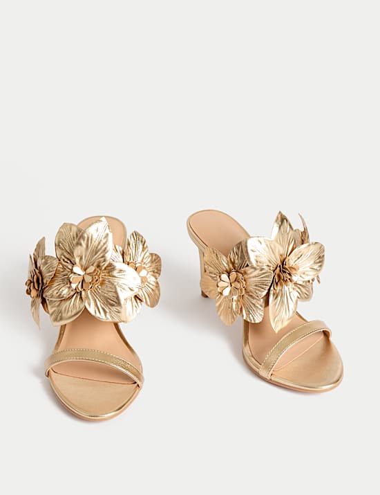 Metallic Flower Corsage Stiletto Mules