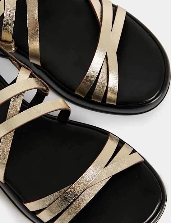 סנדלי עור פלטפורמה שטוחים עם רצועות דקות