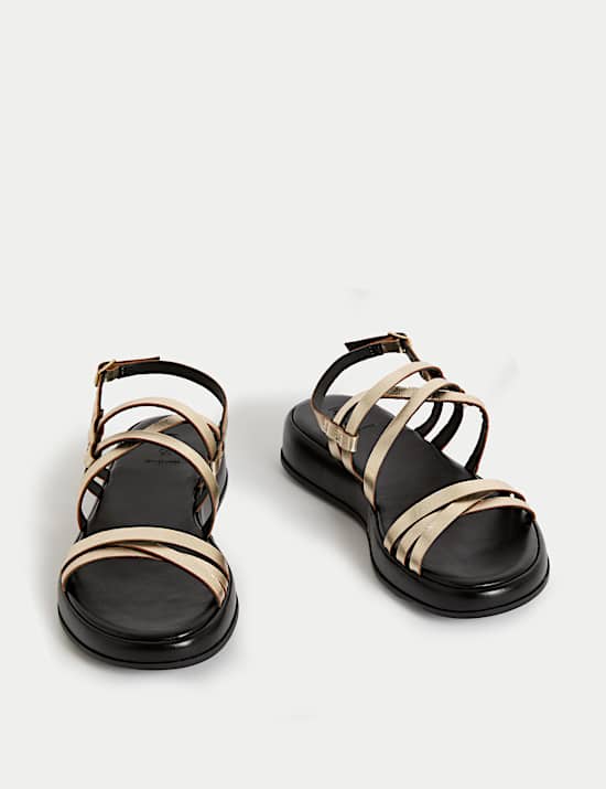 סנדלי עור פלטפורמה שטוחים עם רצועות דקות