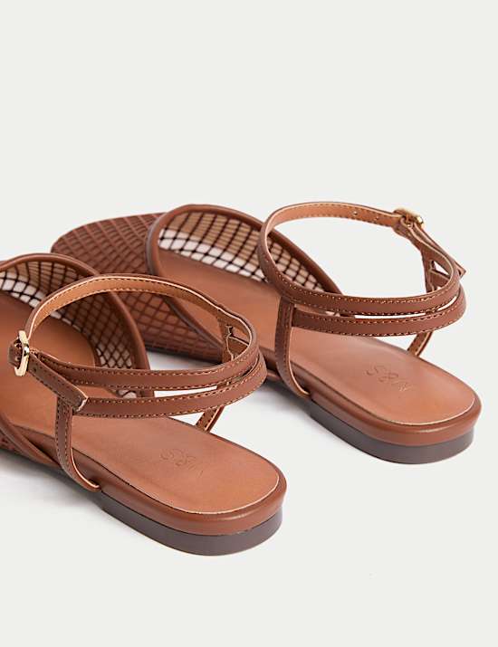 Mesh Ankle Strap Flat Sandals