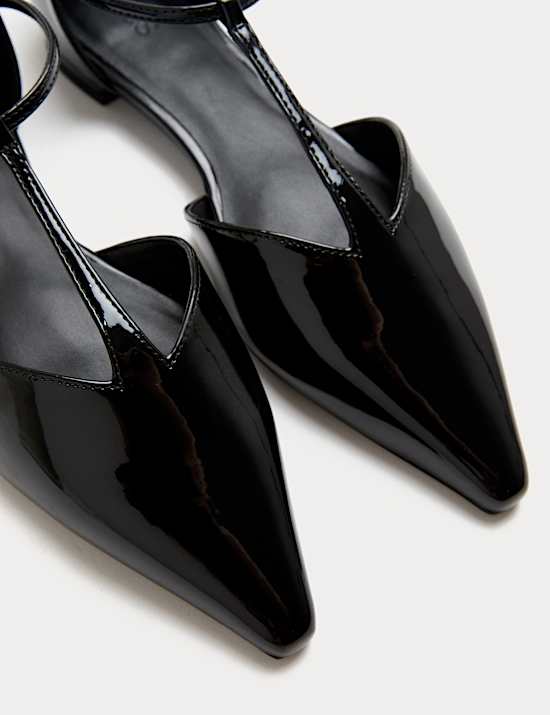 Patent T Bar Flat Pointed Ballet Pumps