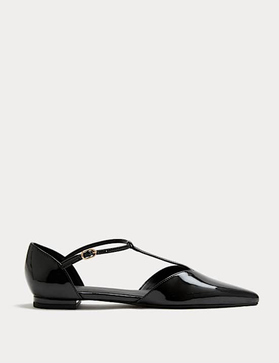 Patent T Bar Flat Pointed Ballet Pumps