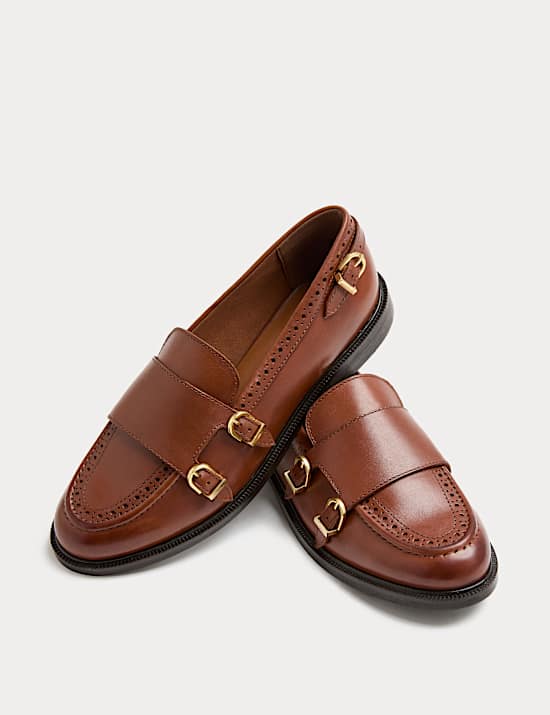 Leather Brogue Detail Buckle Flat Loafers