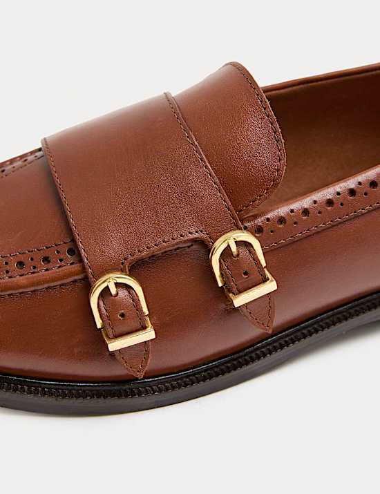 Leather Brogue Detail Buckle Flat Loafers