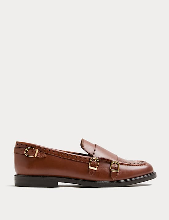 Leather Brogue Detail Buckle Flat Loafers