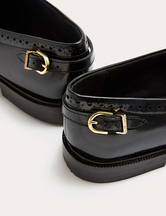 Leather Brogue Detail Buckle Flat Loafers