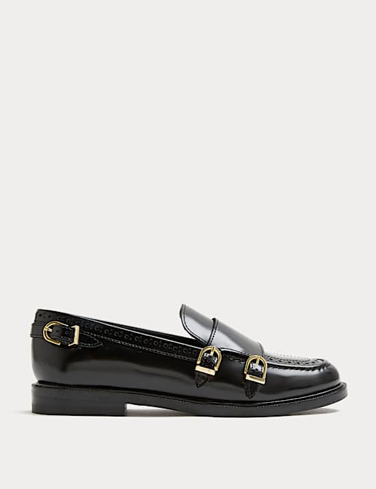 Leather Brogue Detail Buckle Flat Loafers