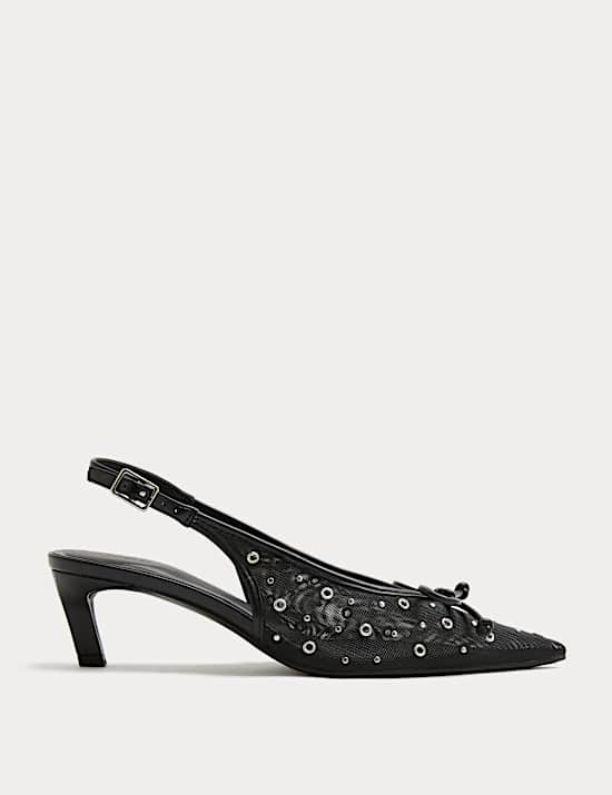 Studded Eyelet Kitten Heel Pointed Slingback Shoes