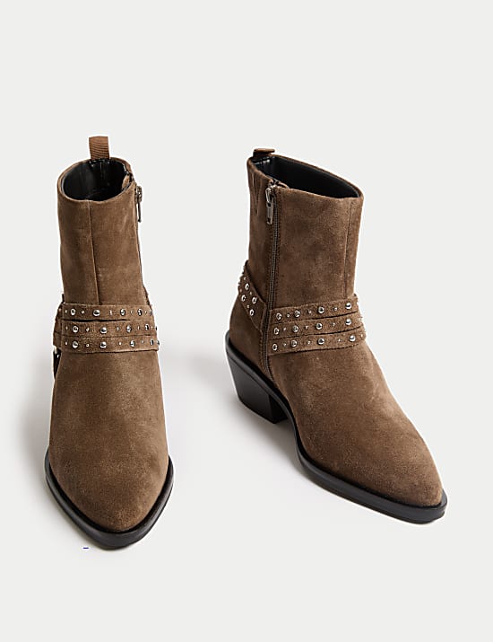Suede Studded Block Heel Ankle Boots