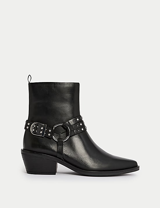 Leather Block Heel Ankle Boots