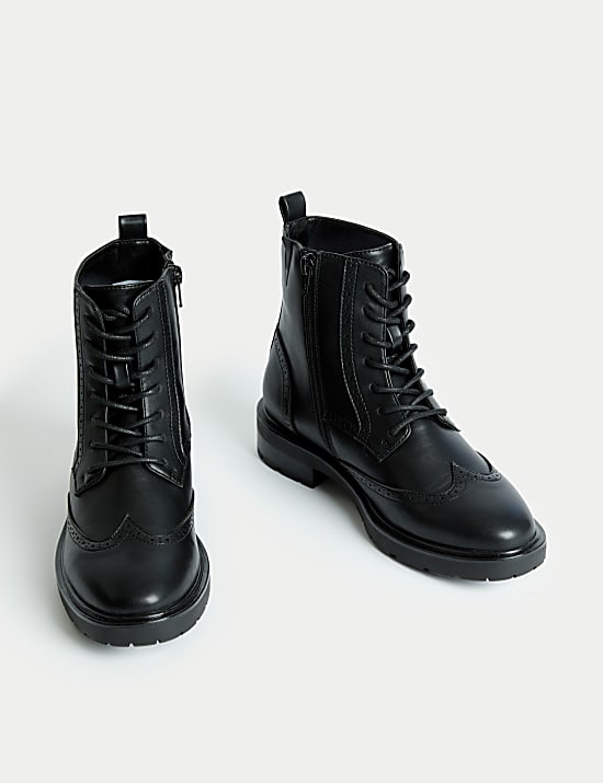 Brogue Detail Lace Up Flat Ankle Boots