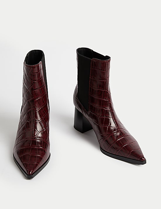 Leather Chelsea Croc Block Heel Boots