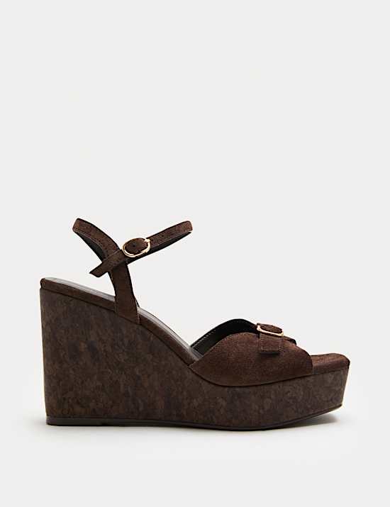 Suede Buckle Ankle Strap Wedge Sandals