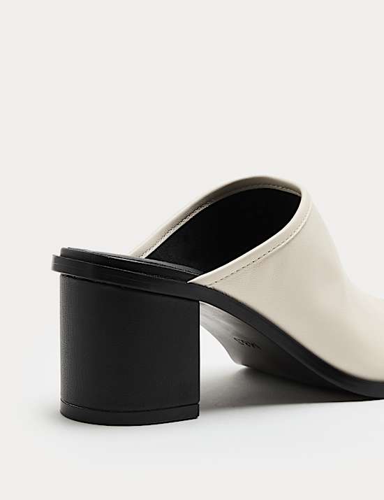 Leather Block Heel Peep Toe Mules