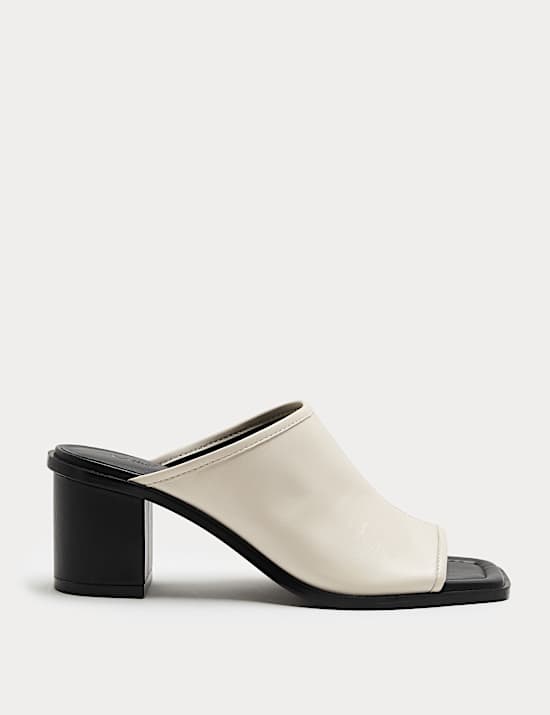 Leather Block Heel Peep Toe Mules