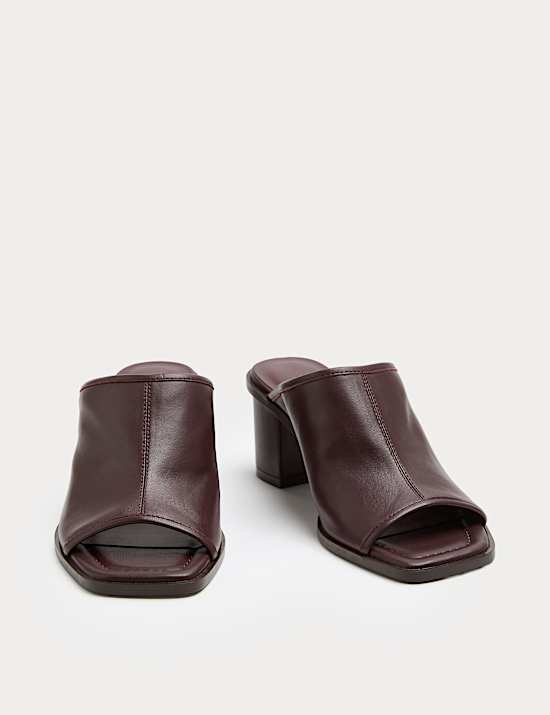 Leather Block Heel Peep Toe Mules