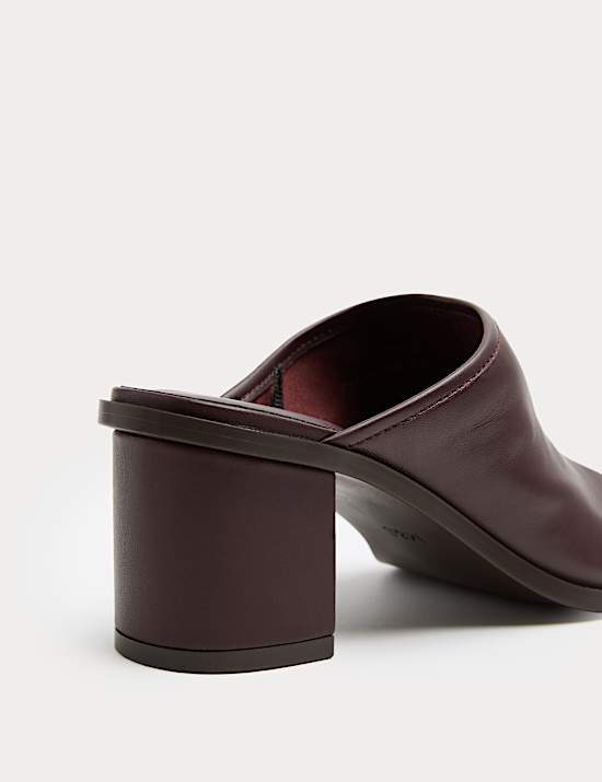Leather Block Heel Peep Toe Mules